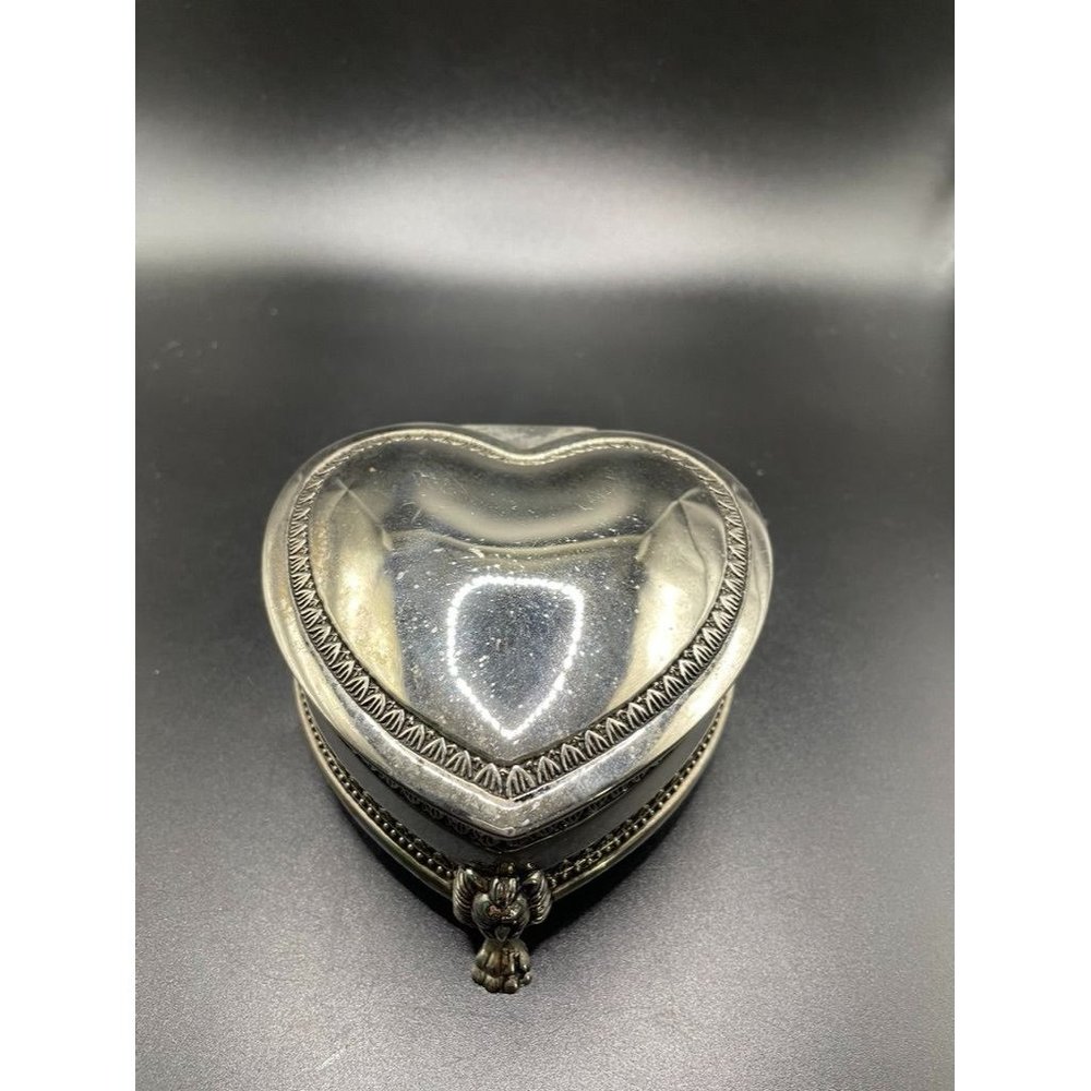 Silver Tone Electroplated Heart Shaped Blue Velvet Lined Trinket Box Length 4 In